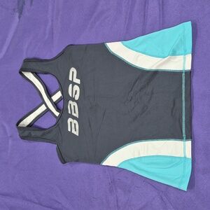 Bebe Sport Logo Dark Grey/White/Sky Blue Criscross Tank w/Shelf Bra-XS/Petites.